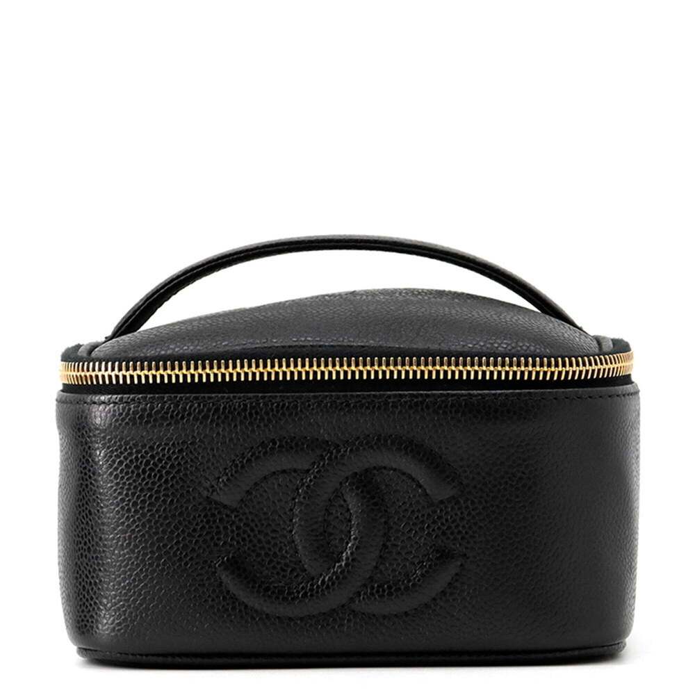 CHANEL Black Caviar Leather Logo Vanity Bag